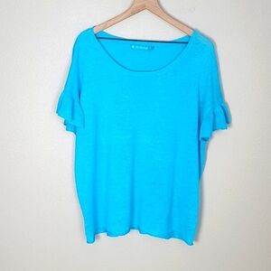 Tori Richard Turquoise Linen Ruffle Sleeve Sweater